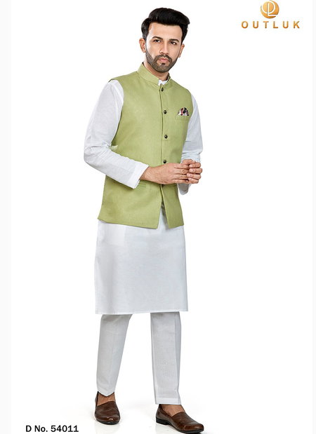 Pista Green Colour Outluk Vol 54 Festive Wear Linen Blend Digital Print Kurta Pajama With Jacket Mens Collection 54011
